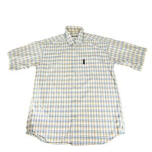 Columbia Plaid Button Down Shirt sz L Men Short Sleeve Blue Beige Cotton 48x31